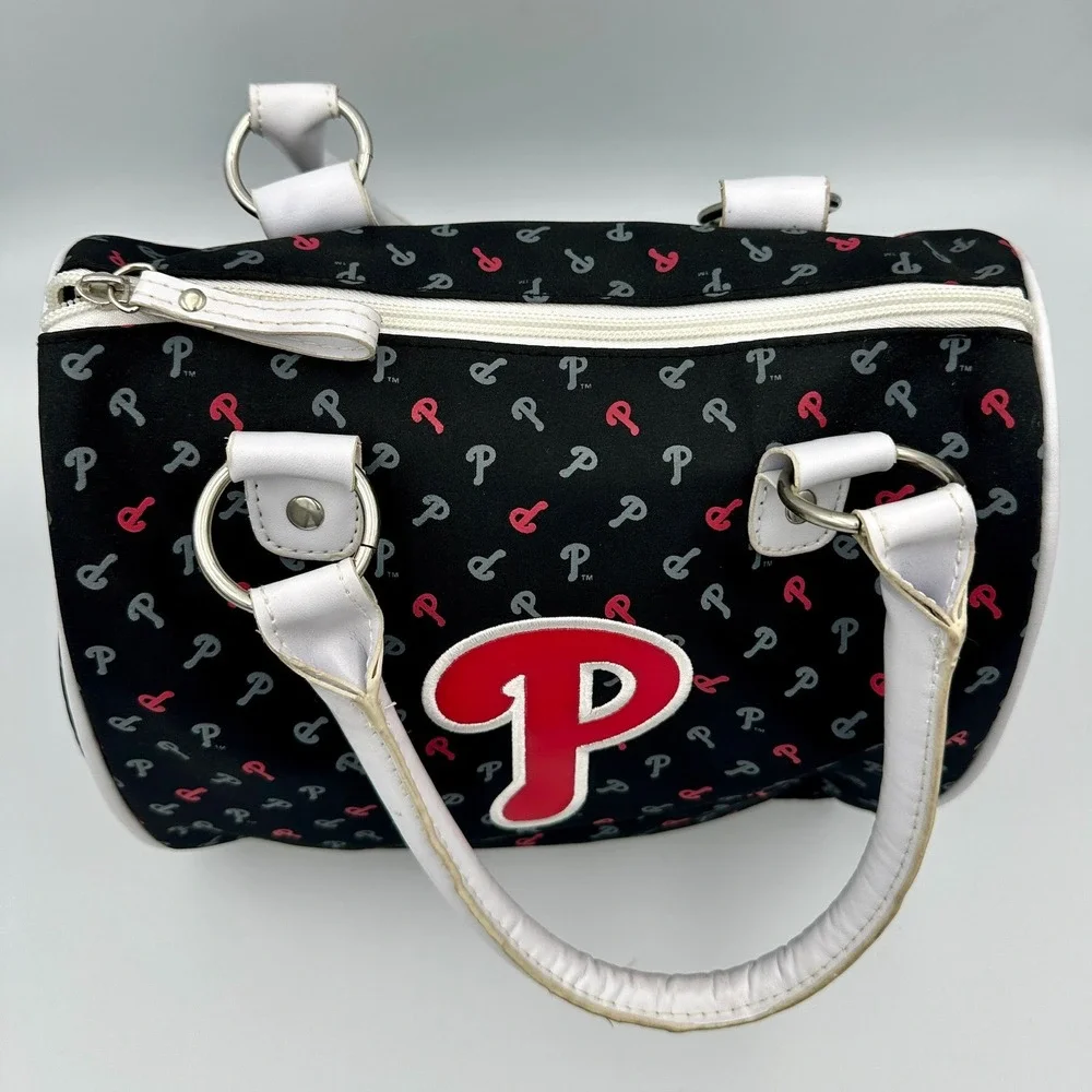 Philadelphia Phillies MLB Bowler Handbag Black Red White Logo Print Satchel Bag